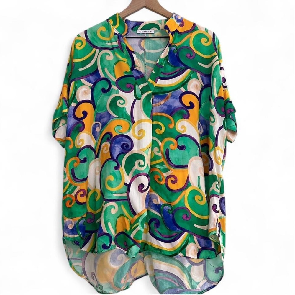 Florencia Swirl Print Blouse Women's L Made in Italy Viscose Resort Artsy